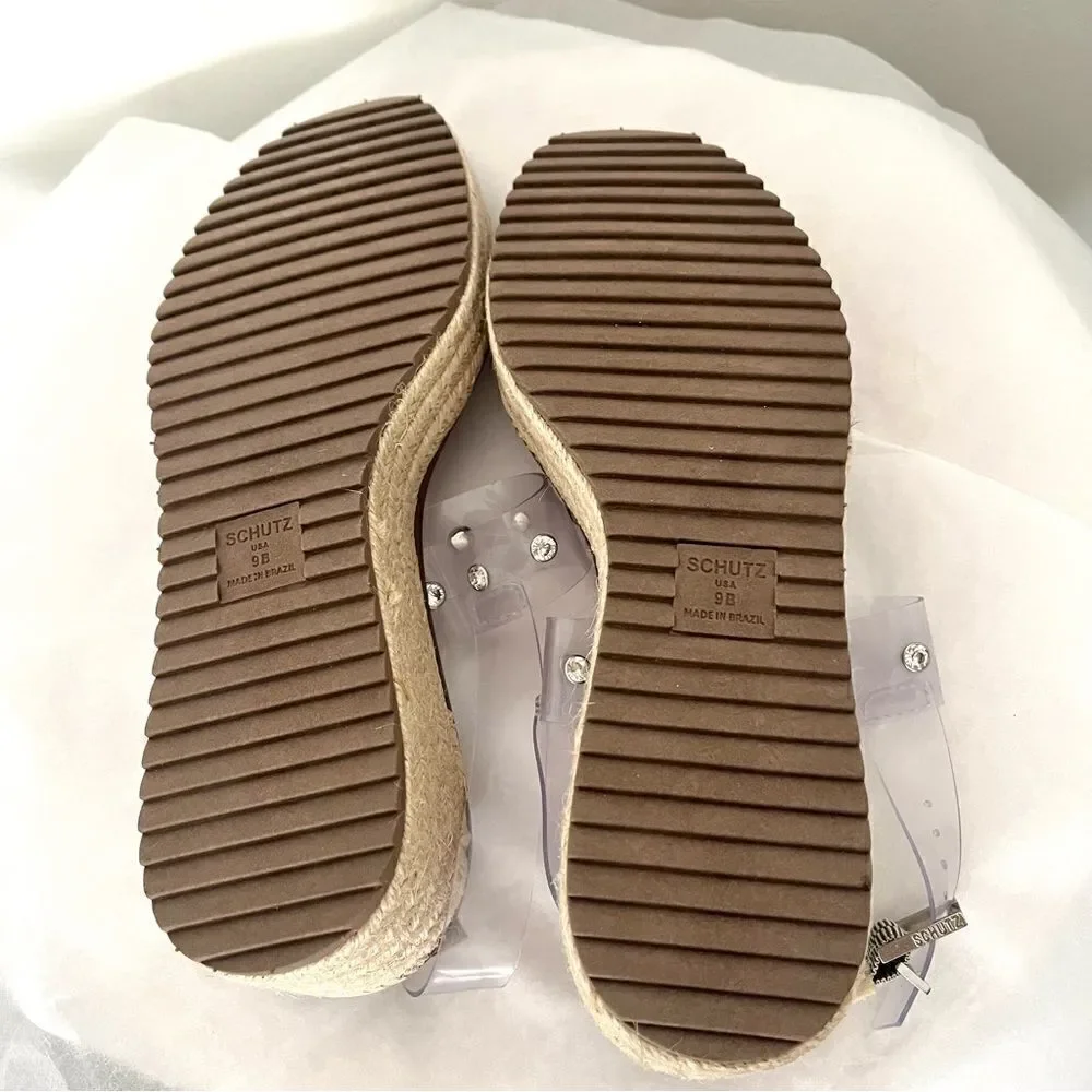 SCHUTZ Cristiane Platform EspadrillesTransparent Rhinestone Straps 9.5 NWOB